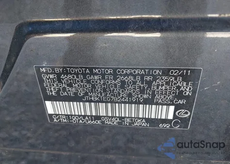 2011 Lexus Es 350 from USA, damaged, VIN JTHBK1EG7B2441919